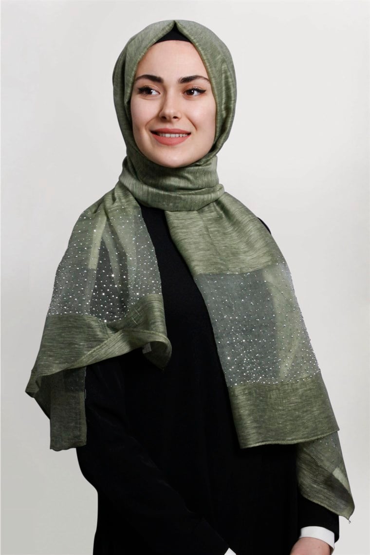 İpekli Taşlı Tül Şal 1067-24 Haki Yeşili
