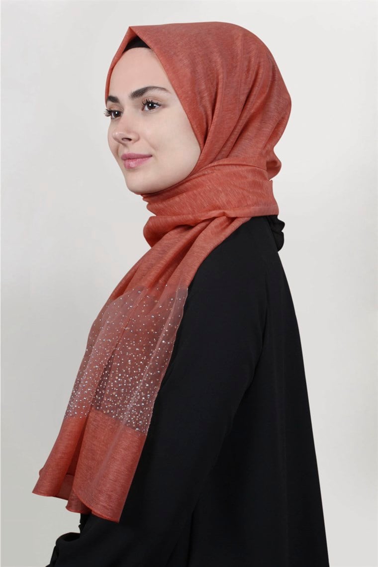 İpekli Taşlı Tül Şal 1067-33 Kiremit