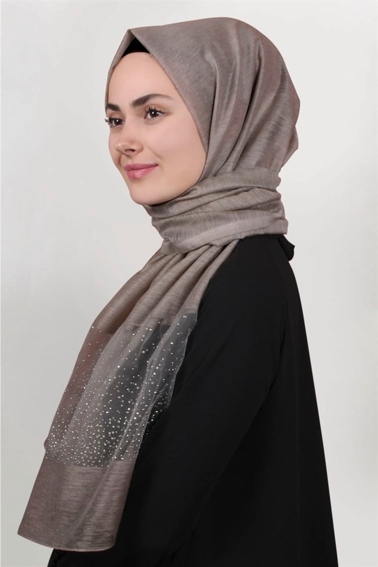 İpekli Taşlı Tül Şal 1067-35 Bej