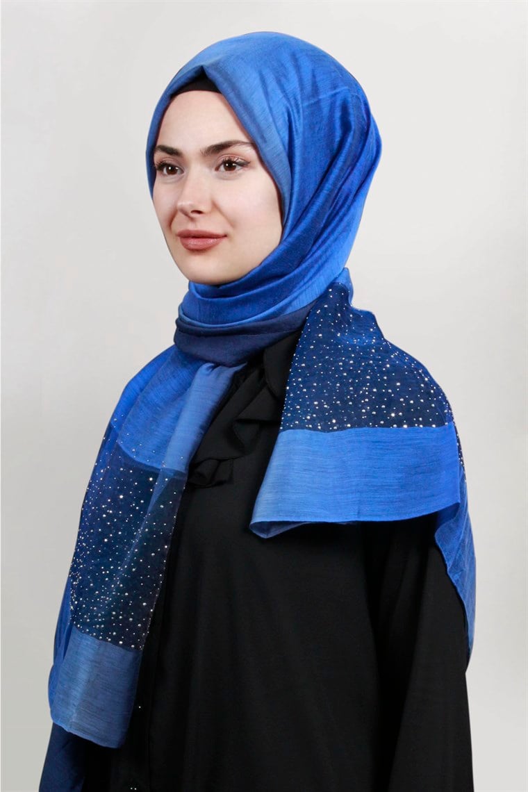 İpekli Taşlı Tül Şal 1067-42 Mavi