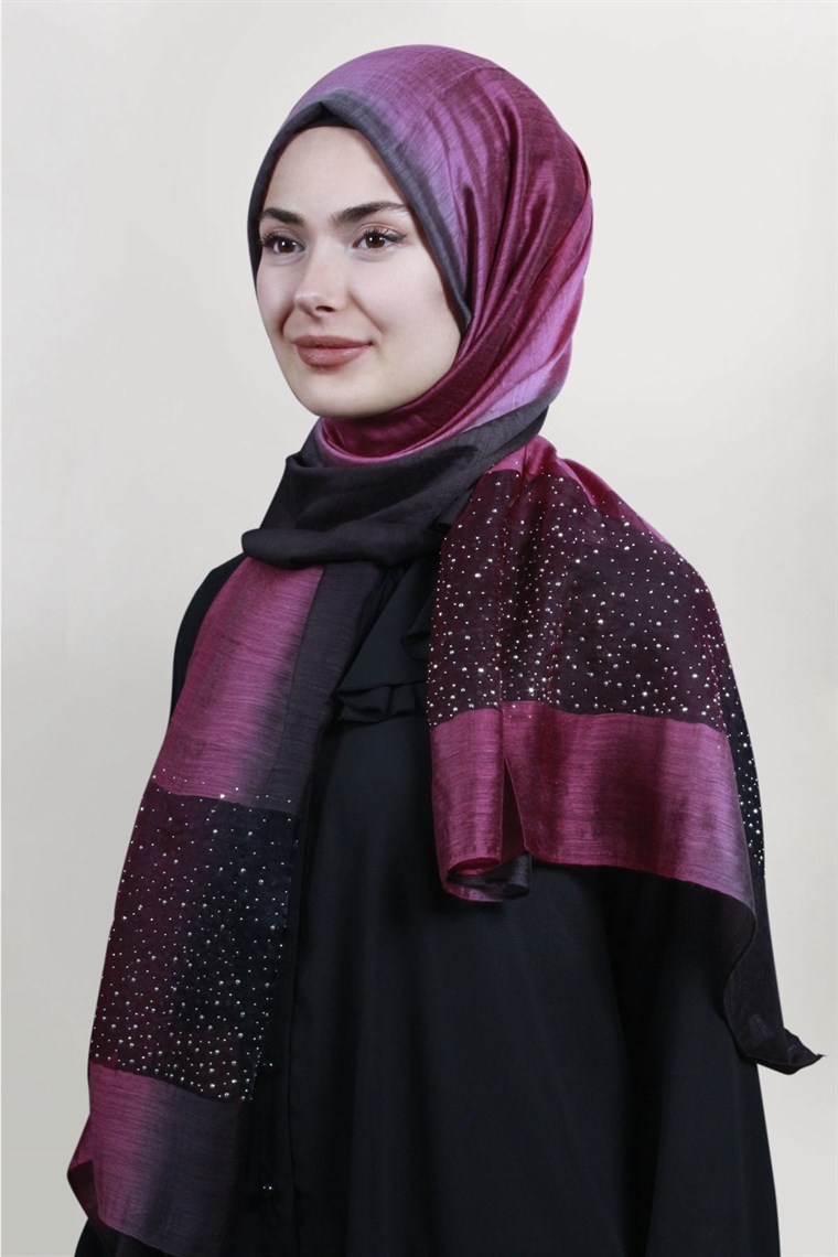 İpekli Taşlı Tül Şal 1067-43 Fuşya