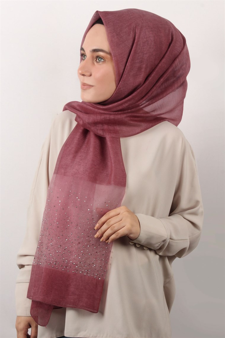 İpekli Taşlı Tül Şal 1067-59 Açık Bordo