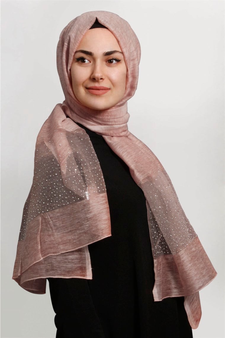 İpekli Taşlı Tül Şal 1069-30 Pudra