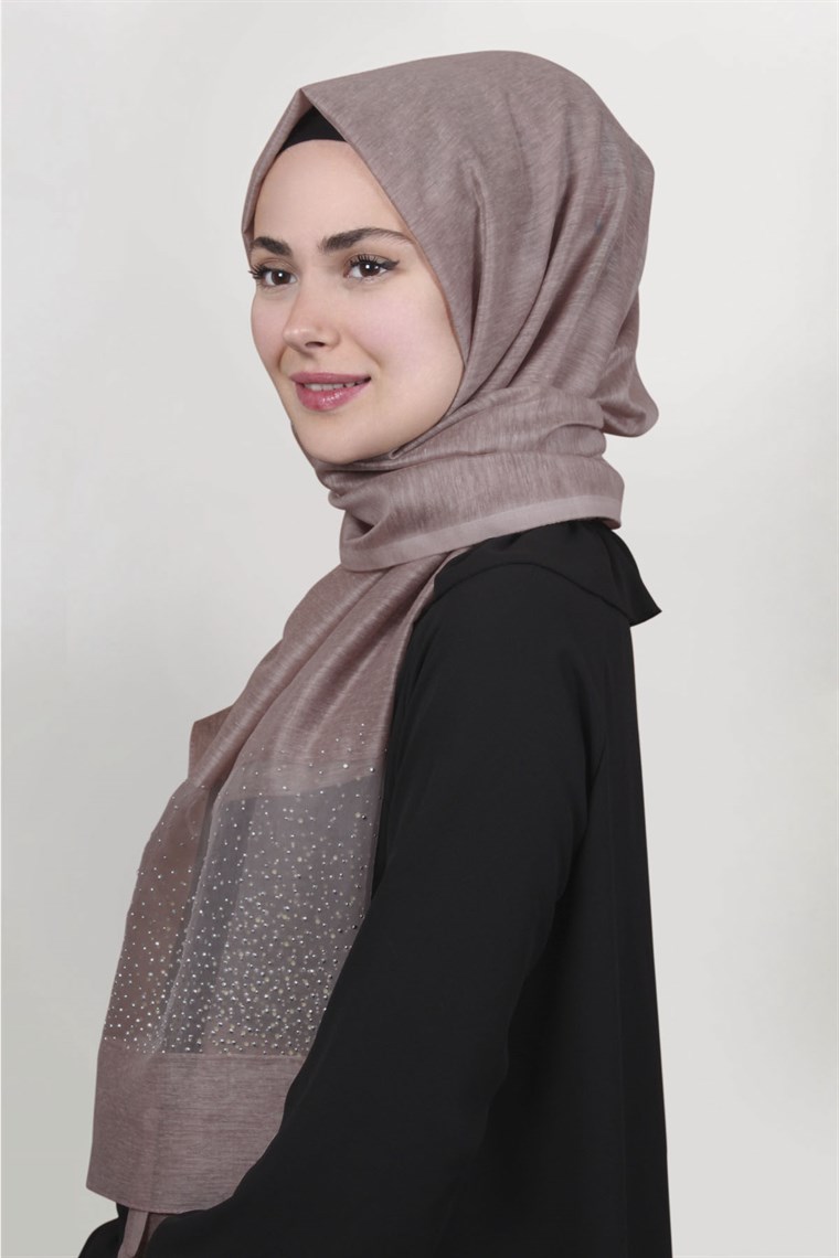 İpekli Taşlı Tül Şal 1069-36 Vizon
