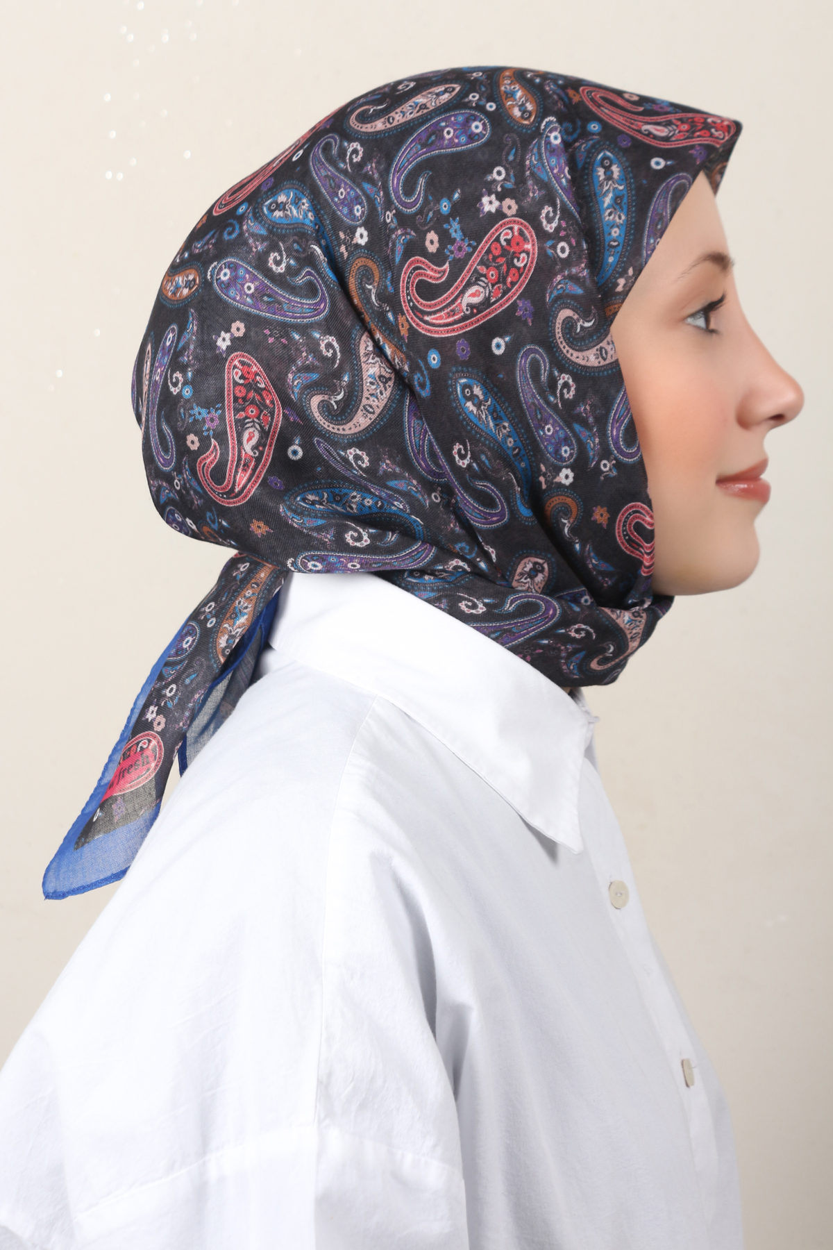 Lux Soft Pamuklu Eşarp 4040-174 Saks-Siyah 