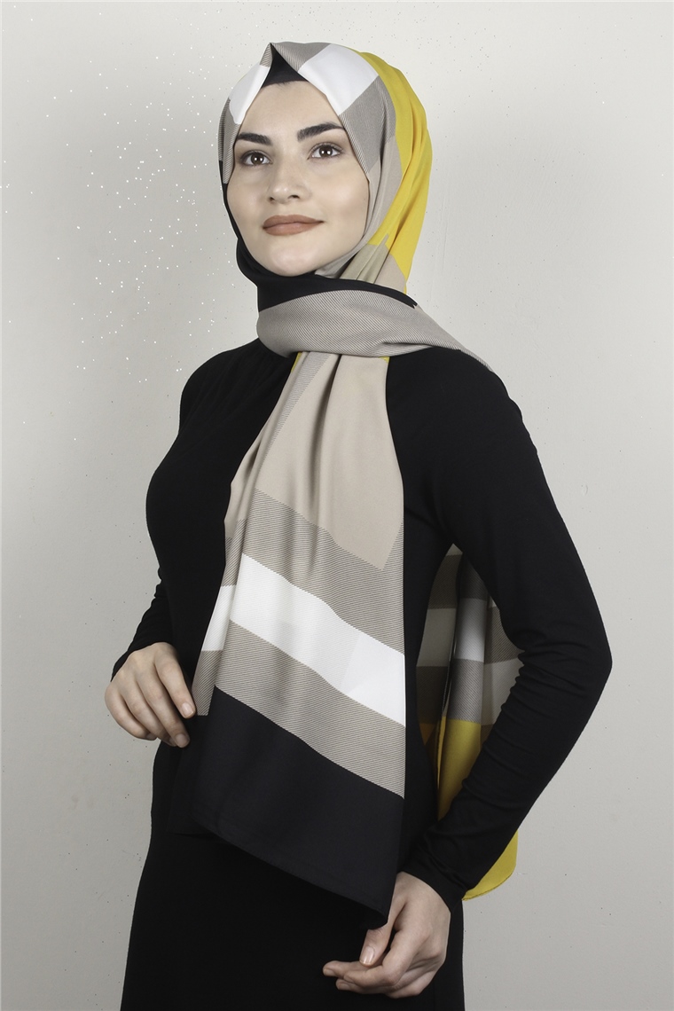 Medine Desenli Şal 1805-7 Ekose Taş-Sarı