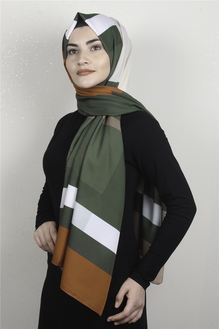 Medine Desenli Şal 1805-9 Ekose Haki-Turuncu