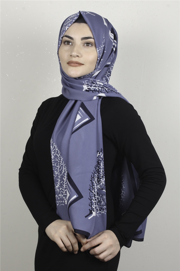 Medine Desenli Şal 1806-6 Yaprak Mavi