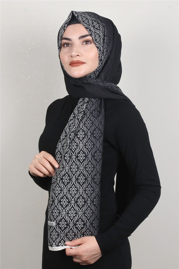 Medine Desenli Şal 1827-11 Etnik Siyah-Ekru