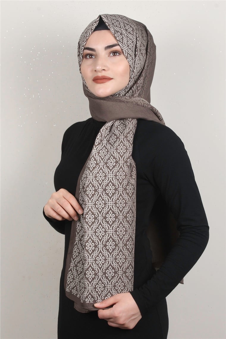 Medine Desenli Şal 1827-17 Etnik Koyu Vizon
