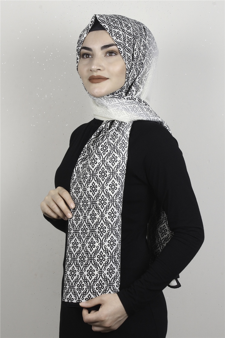 Medine Desenli Şal 1827-9 Etnik Beyaz-Siyah