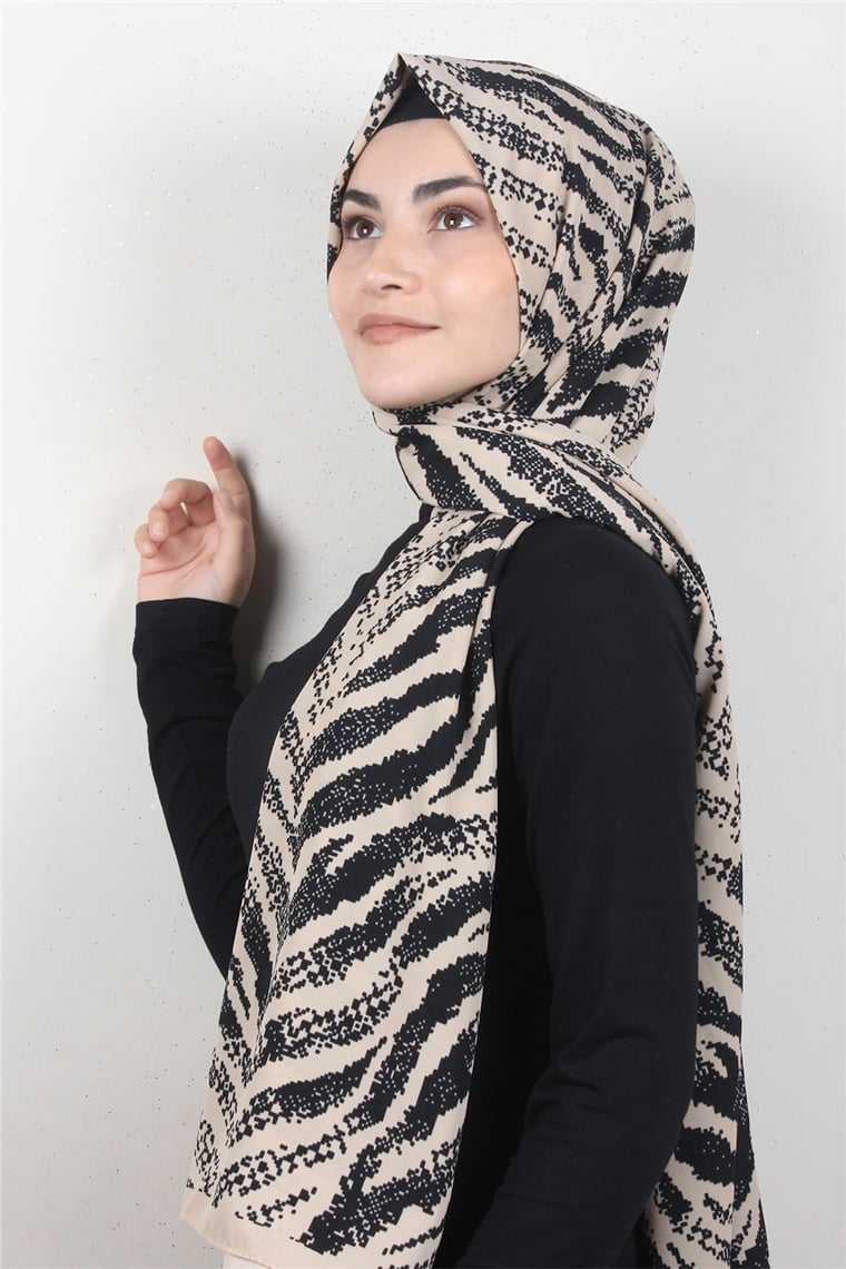 Medine Desenli Şal 1895-4 Zebra Bej-Siyah