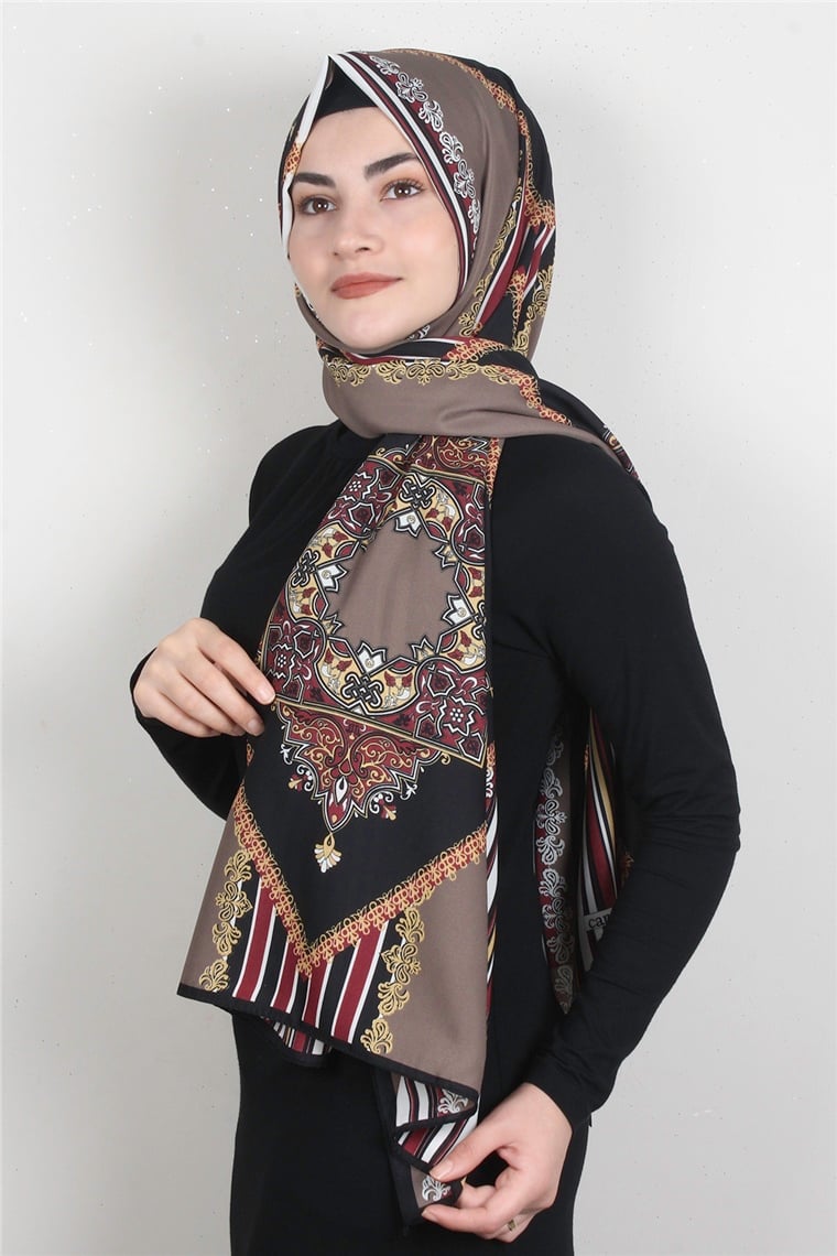 Medine Desenli Şal 1896-4 Siyah-Vizon