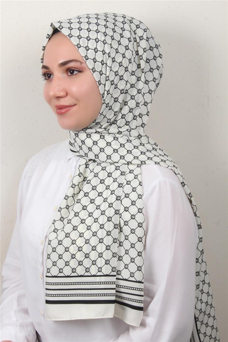 Medine Desenli Şal 2421-10 Ekru-Siyah