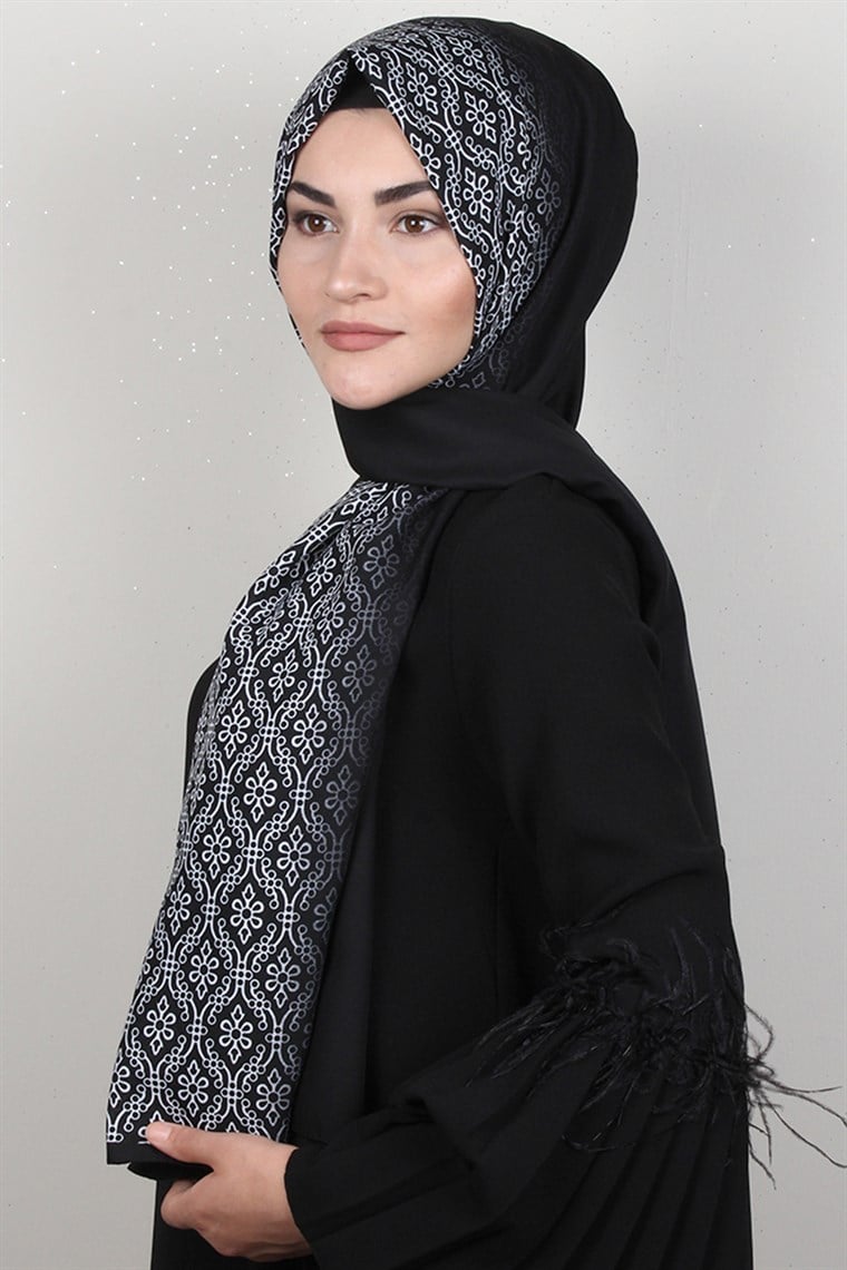 Medine Desenli Şal Eşarppark 1827-5 Siyah-Beyaz