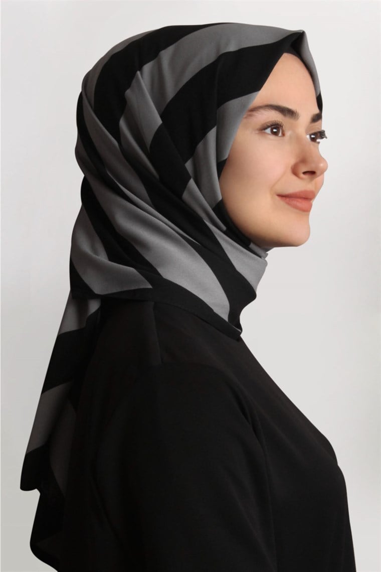 Medine Desenli Şal Eşarppark 1840-18 Şeritli Gri Siyah