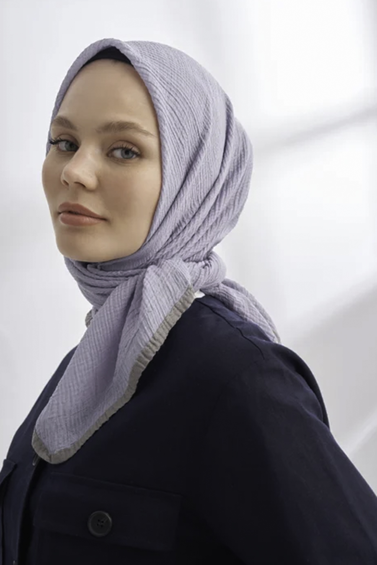 Müslin Biyeli Eşarp 3353-1124 Gri Mavi 