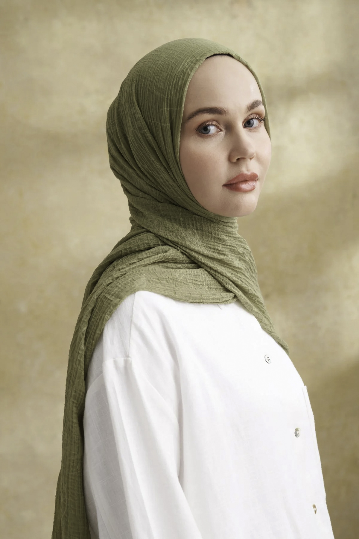 Müslin Yaprak Desen Şal 3351-1034 Olive 