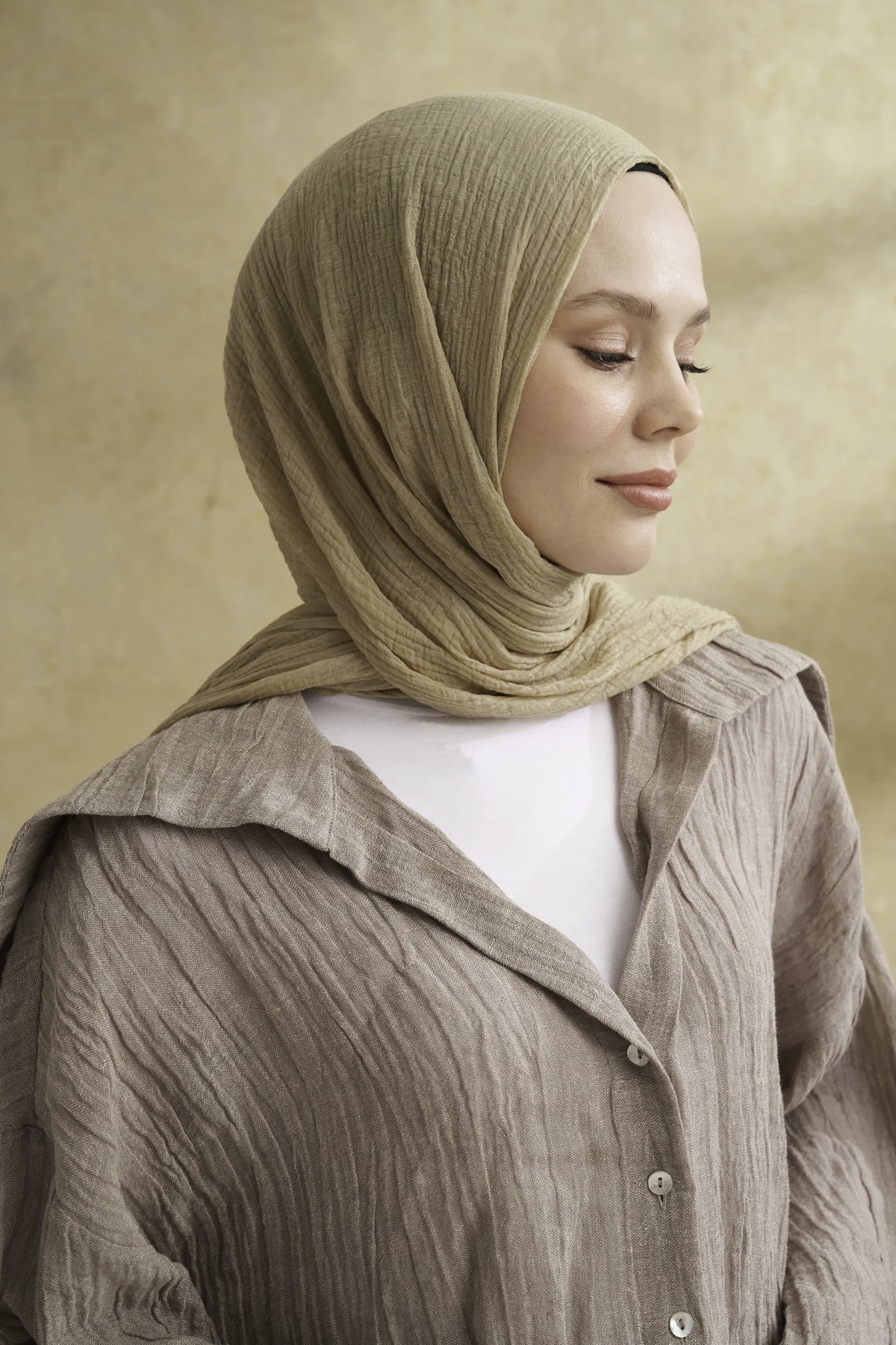 Müslin Yaprak Desen Şal 3351-1042 Soft Olive 