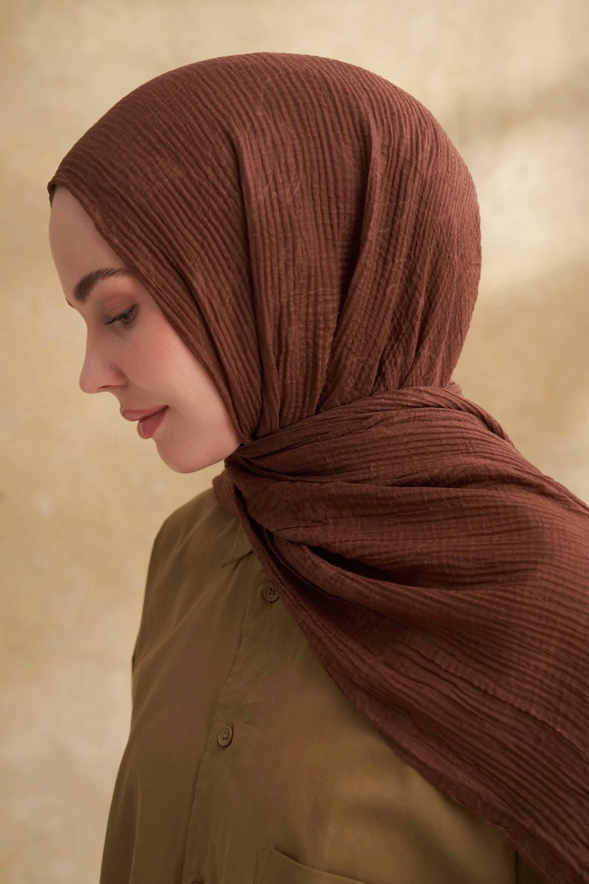 Müslin Yaprak Desen Şal 3351-136 Kahve 