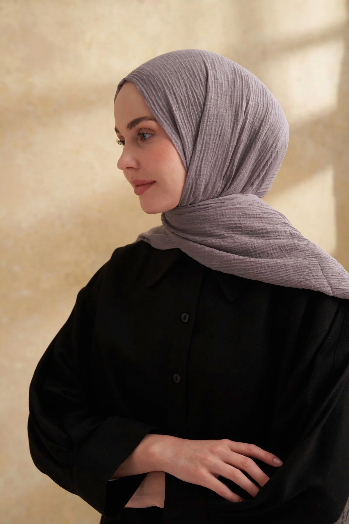 Müslin Yaprak Desen Şal 3351-179 Koyu Gri 