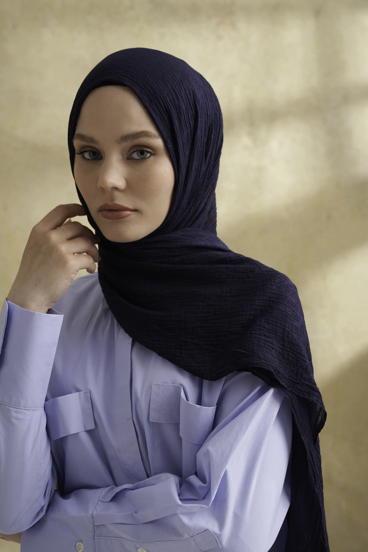 Müslin Yaprak Desen Şal 3351-22 Lacivert 