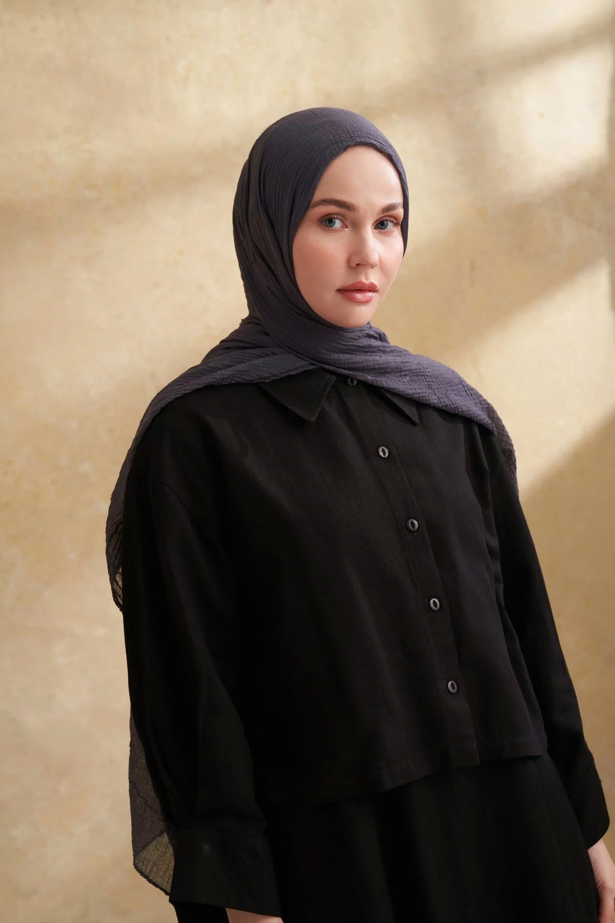 Müslin Yaprak Desen Şal 3351-515 Gri-Mavi 