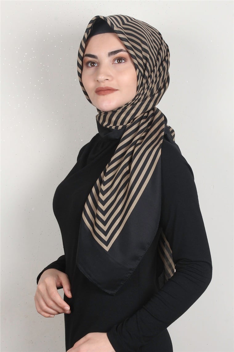 Pamuklu 140x140 Cm Eşarp 1070-60 Siyah-Vizon