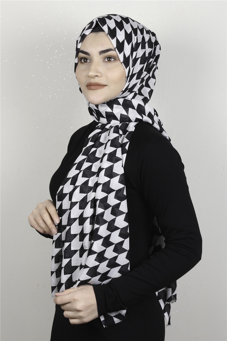 Pamuklu Desenli Şal 5753-1 Siyah-Beyaz