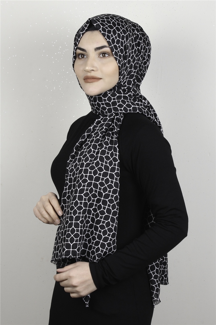 Pamuklu Desenli Şal 5753-10 Siyah-Beyaz