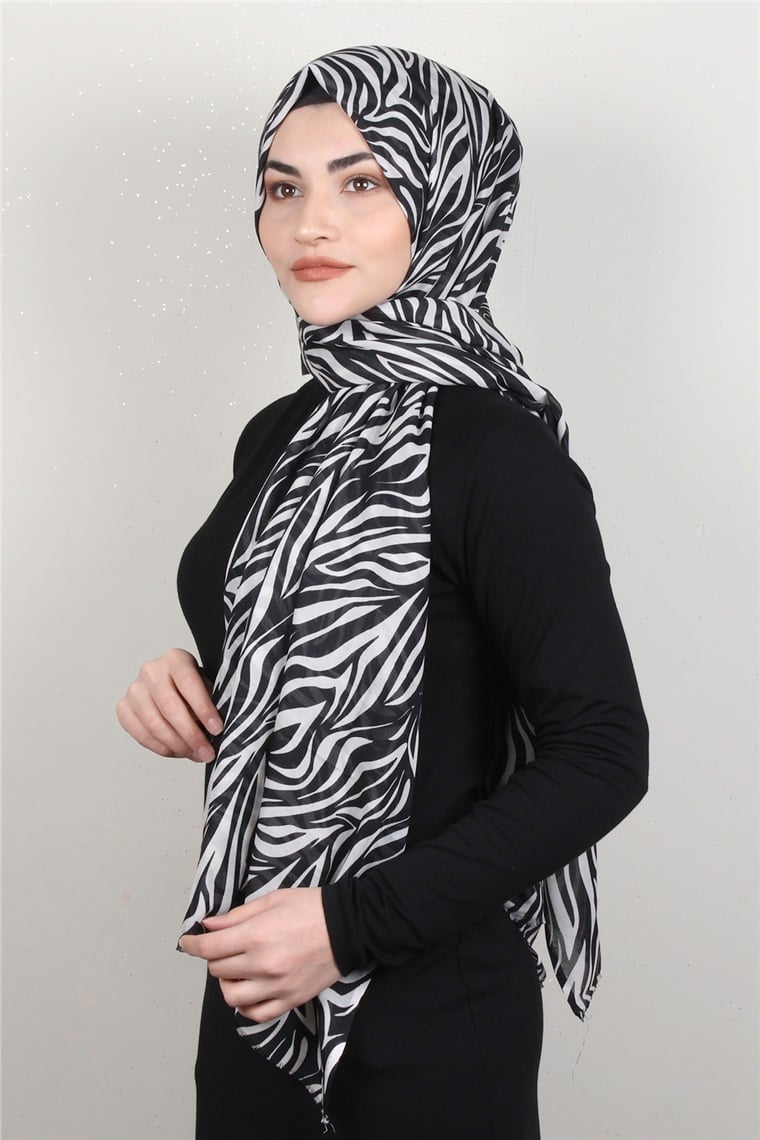 Pamuklu Desenli Şal 5753-13 Siyah-Beyaz