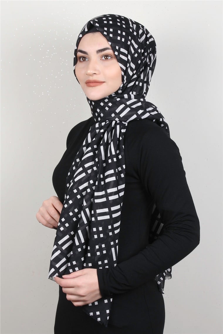 Pamuklu Desenli Şal 5753-15 Siyah-Beyaz