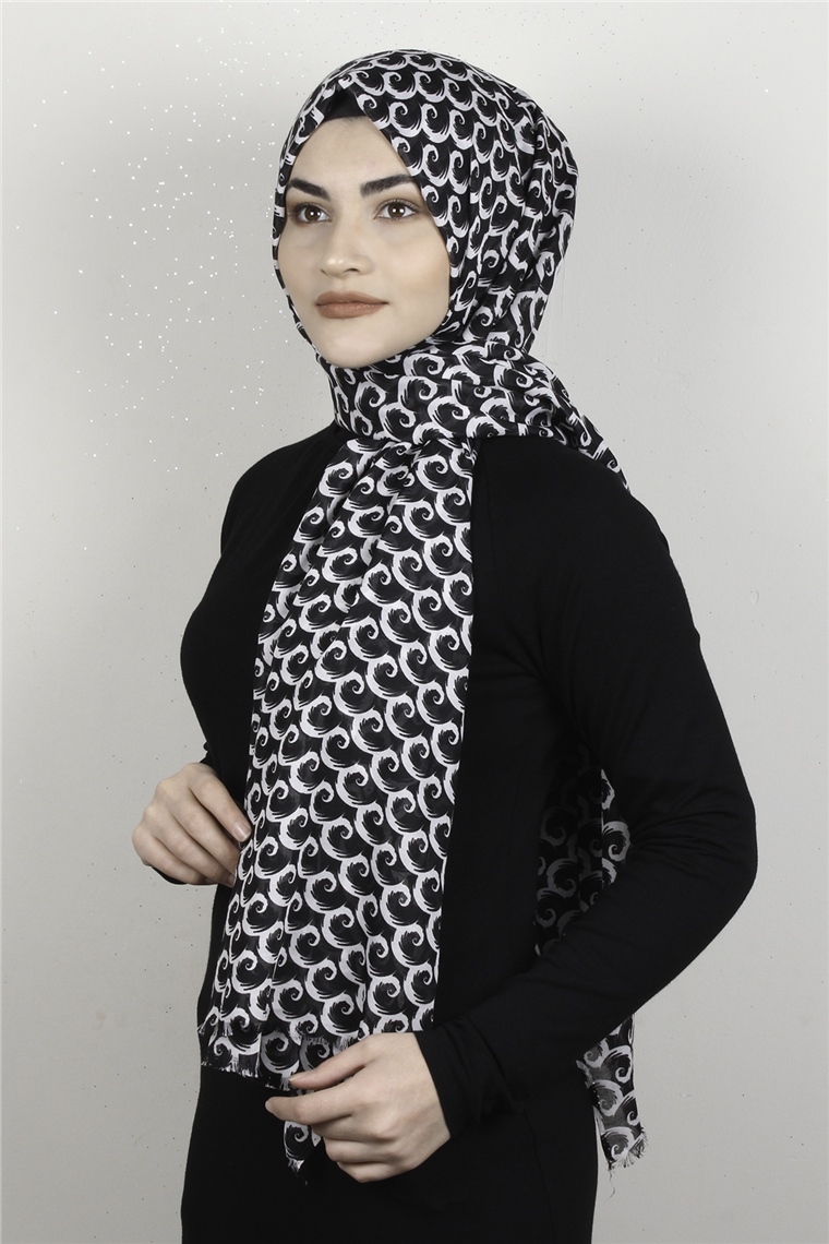 Pamuklu Desenli Şal 5753-16 Siyah-Beyaz