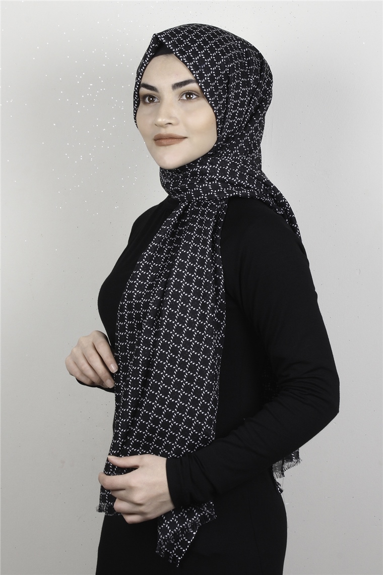 Pamuklu Desenli Şal 5753-17 Siyah-Beyaz