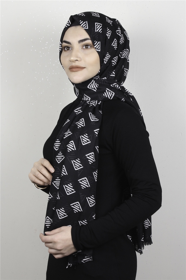 Pamuklu Desenli Şal 5753-18 Siyah-Beyaz