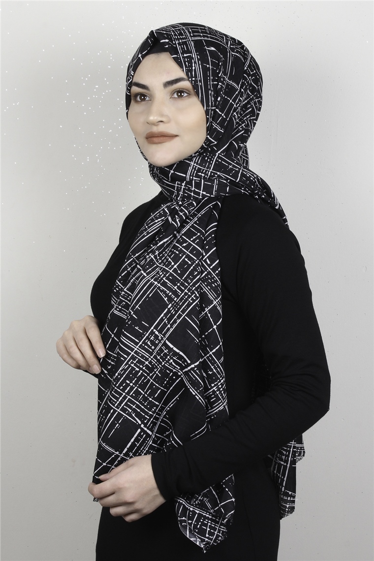 Pamuklu Desenli Şal 5753-19 Siyah-Beyaz