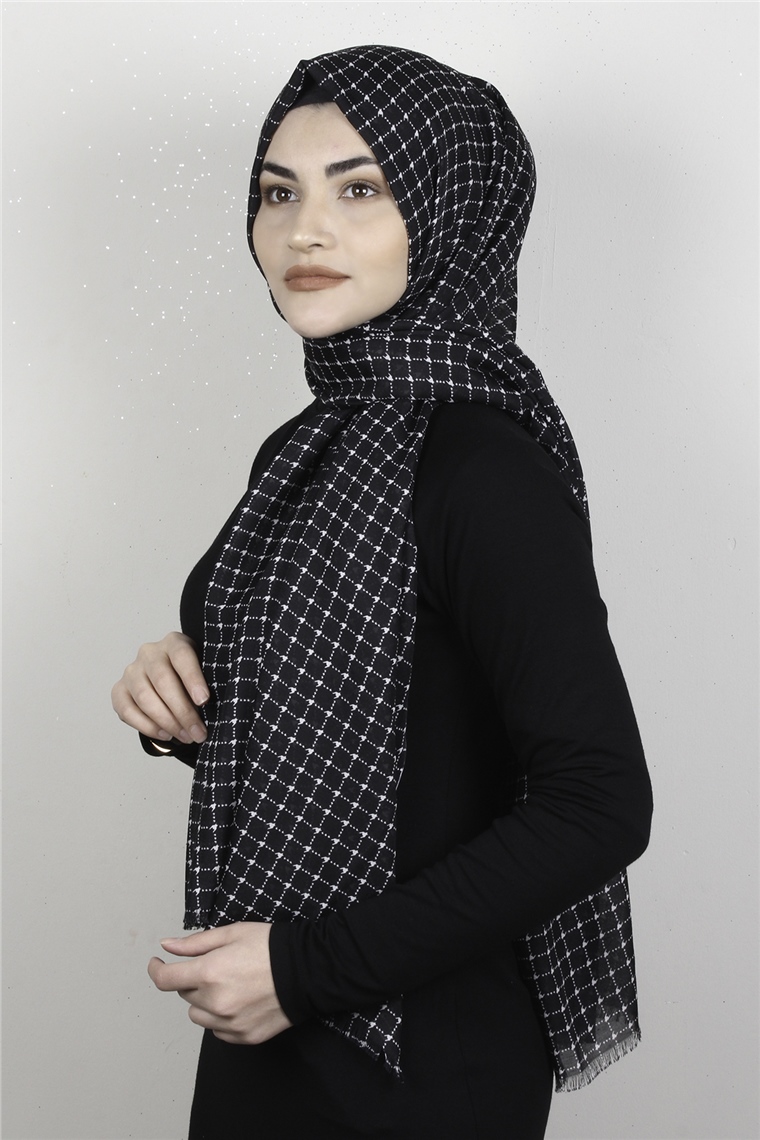 Pamuklu Desenli Şal 5753-2 Siyah-Beyaz