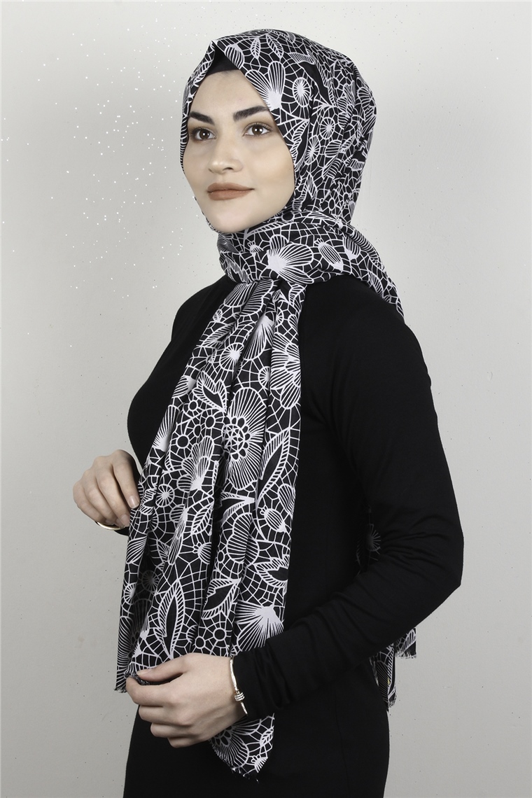Pamuklu Desenli Şal 5753-20 Siyah-Beyaz
