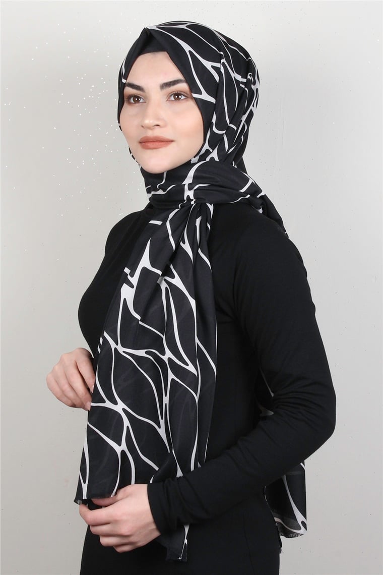 Pamuklu Desenli Şal 5753-21 Siyah-Beyaz