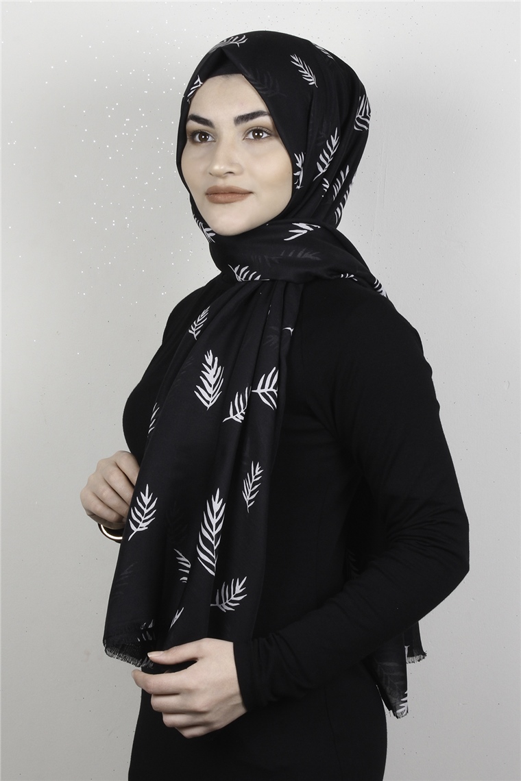 Pamuklu Desenli Şal 5753-22 Siyah-Beyaz