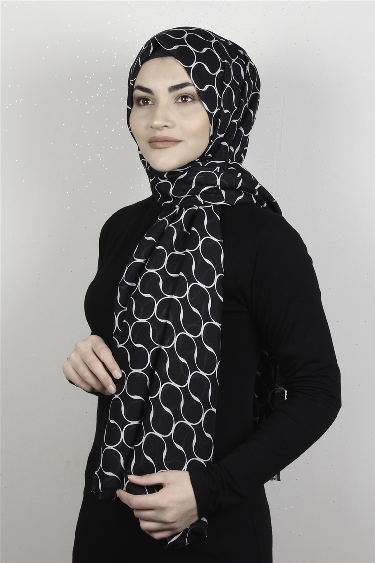 Pamuklu Desenli Şal 5753-24 Siyah-Beyaz