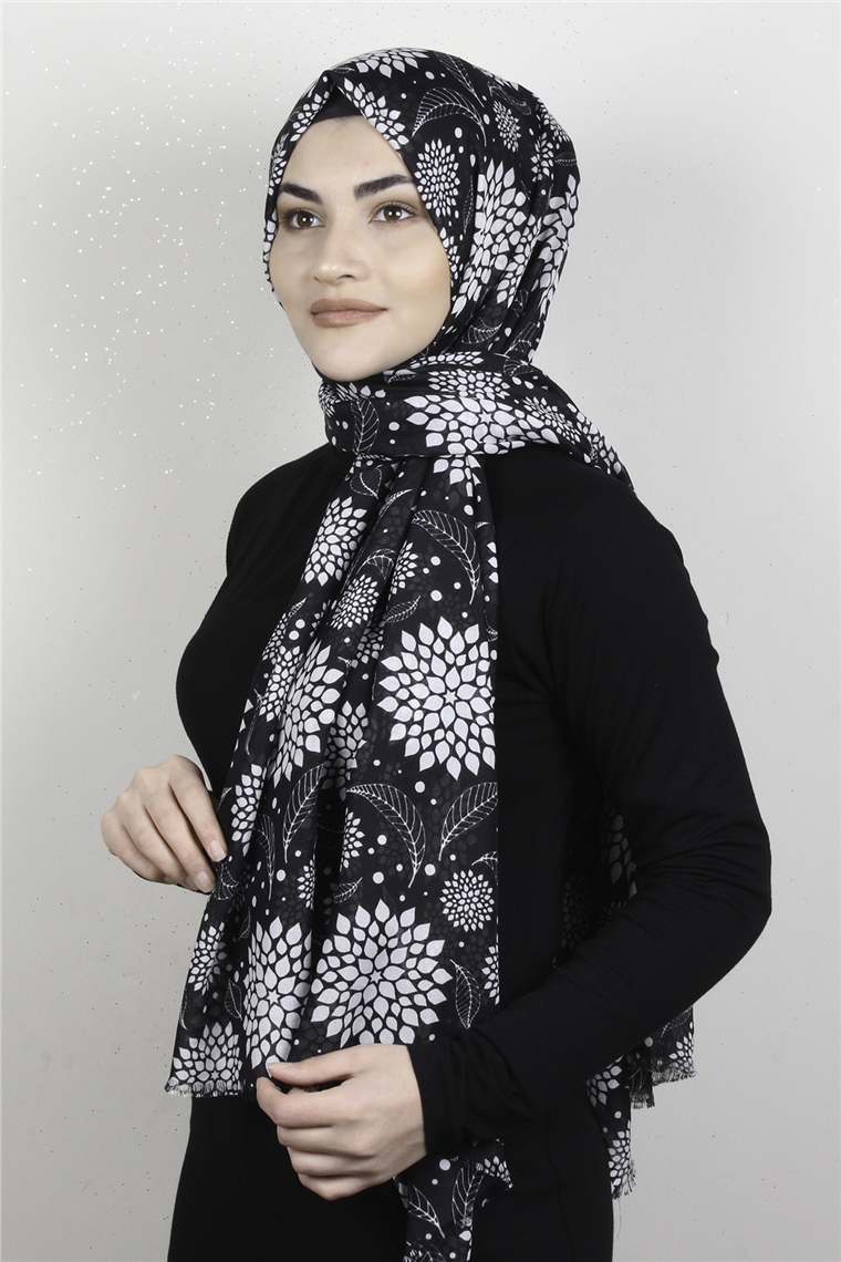Pamuklu Desenli Şal 5753-25 Siyah-Beyaz