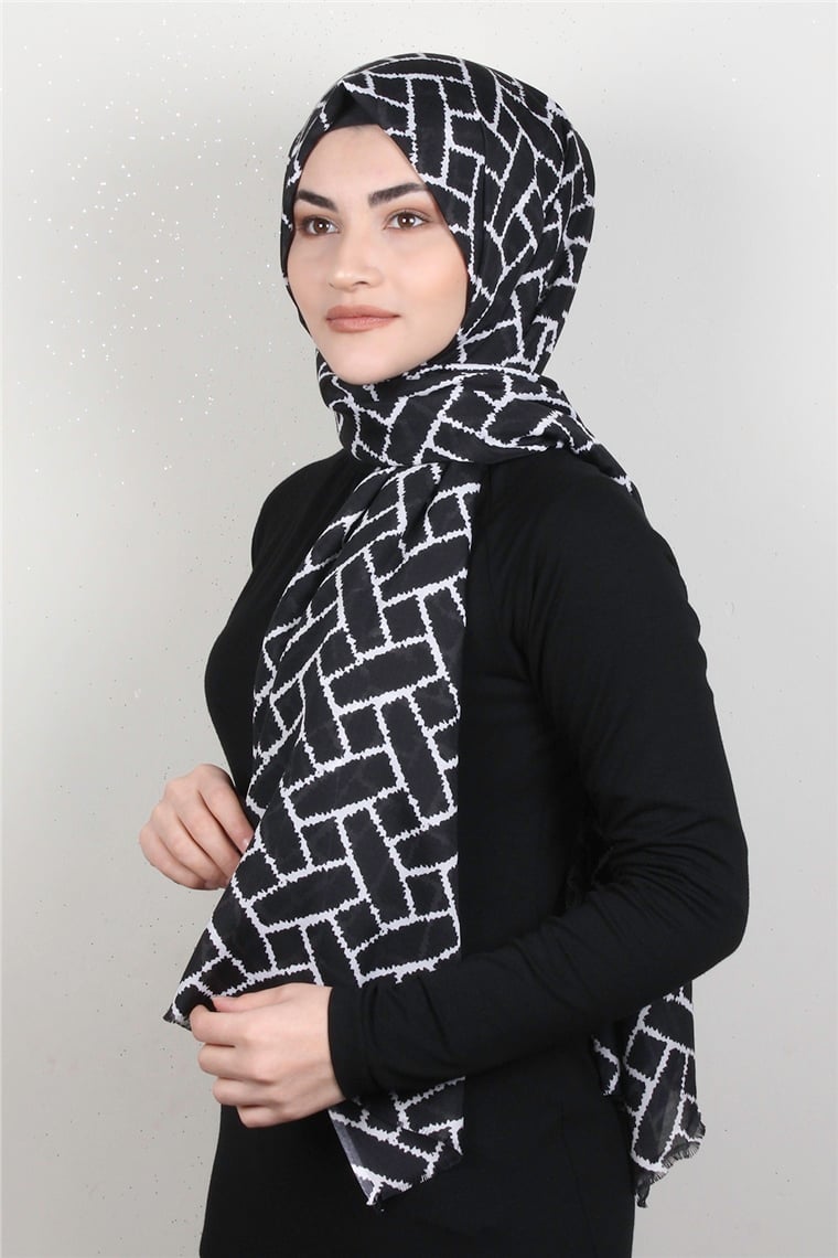 Pamuklu Desenli Şal 5753-27 Siyah-Beyaz