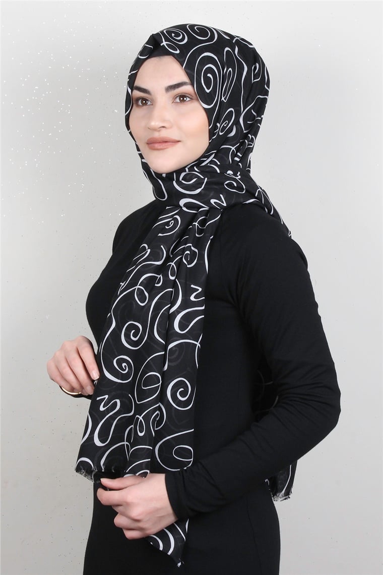 Pamuklu Desenli Şal 5753-28 Siyah-Beyaz
