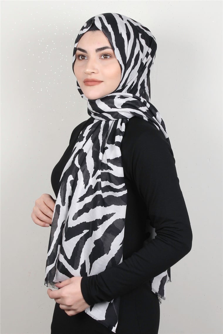 Pamuklu Desenli Şal 5753-3 Siyah-Beyaz