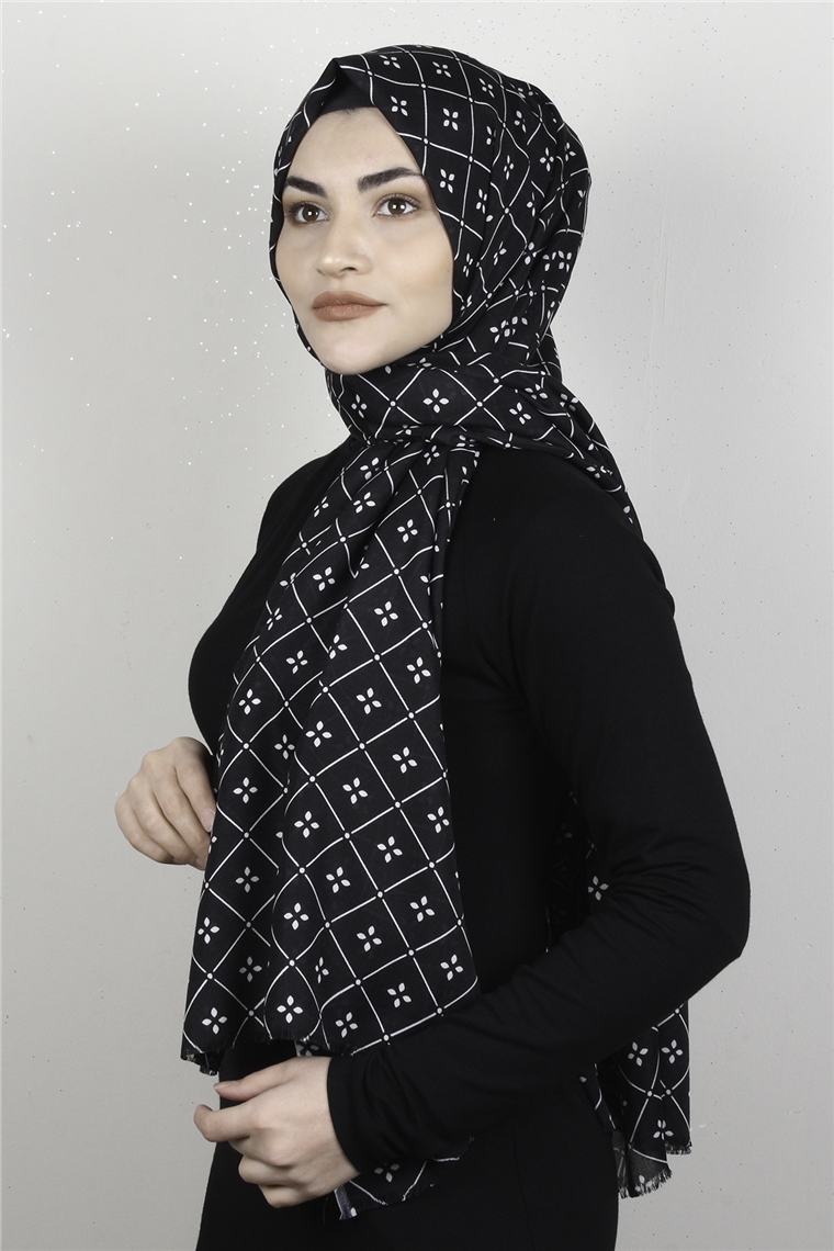 Pamuklu Desenli Şal 5753-4 Siyah-Beyaz