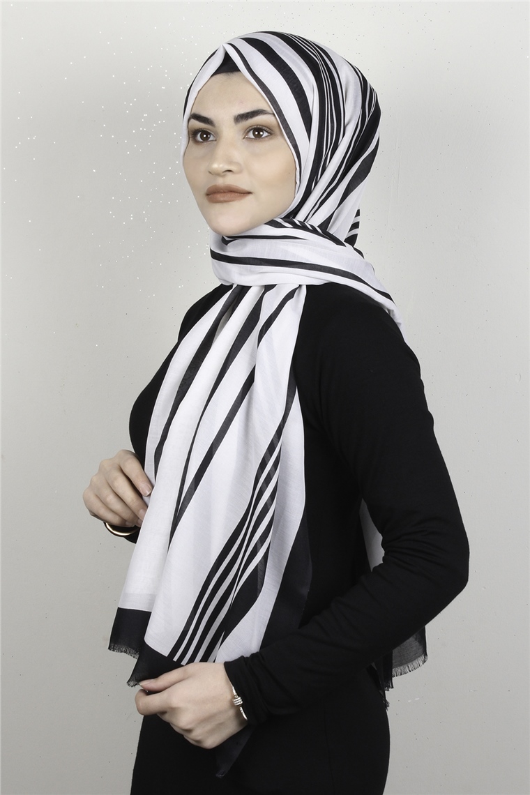 Pamuklu Desenli Şal 5753-5 Siyah-Beyaz