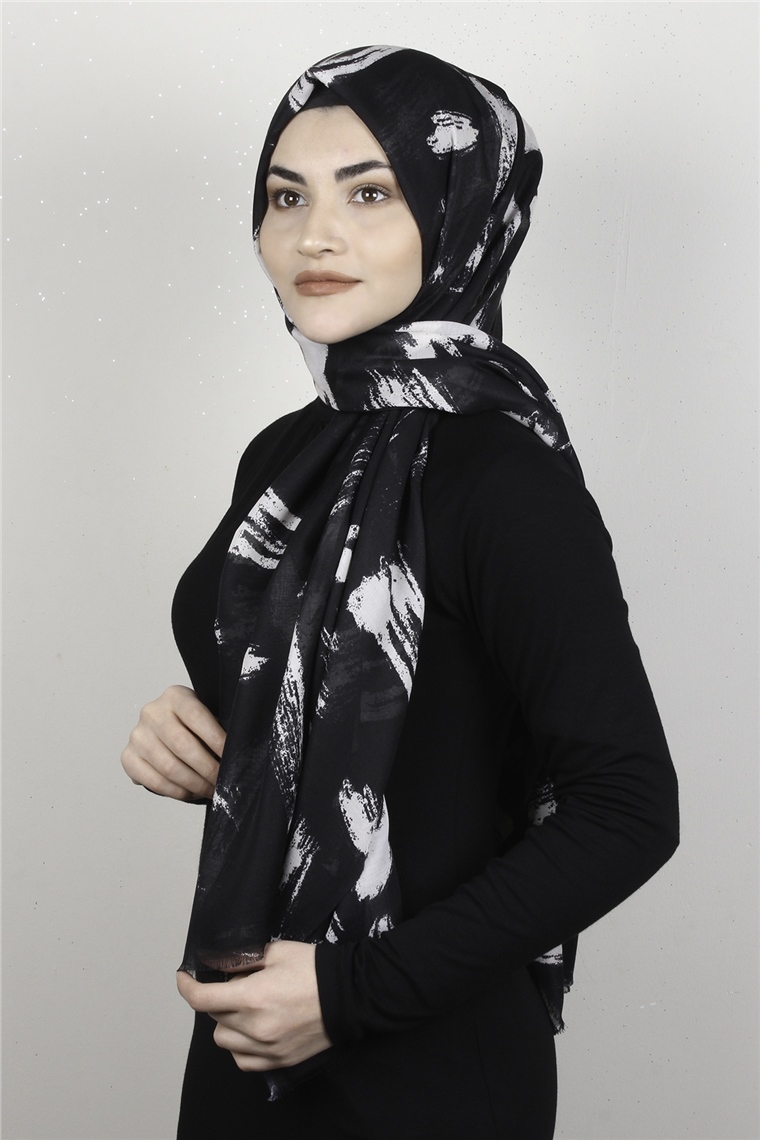 Pamuklu Desenli Şal 5753-6 Siyah-Beyaz