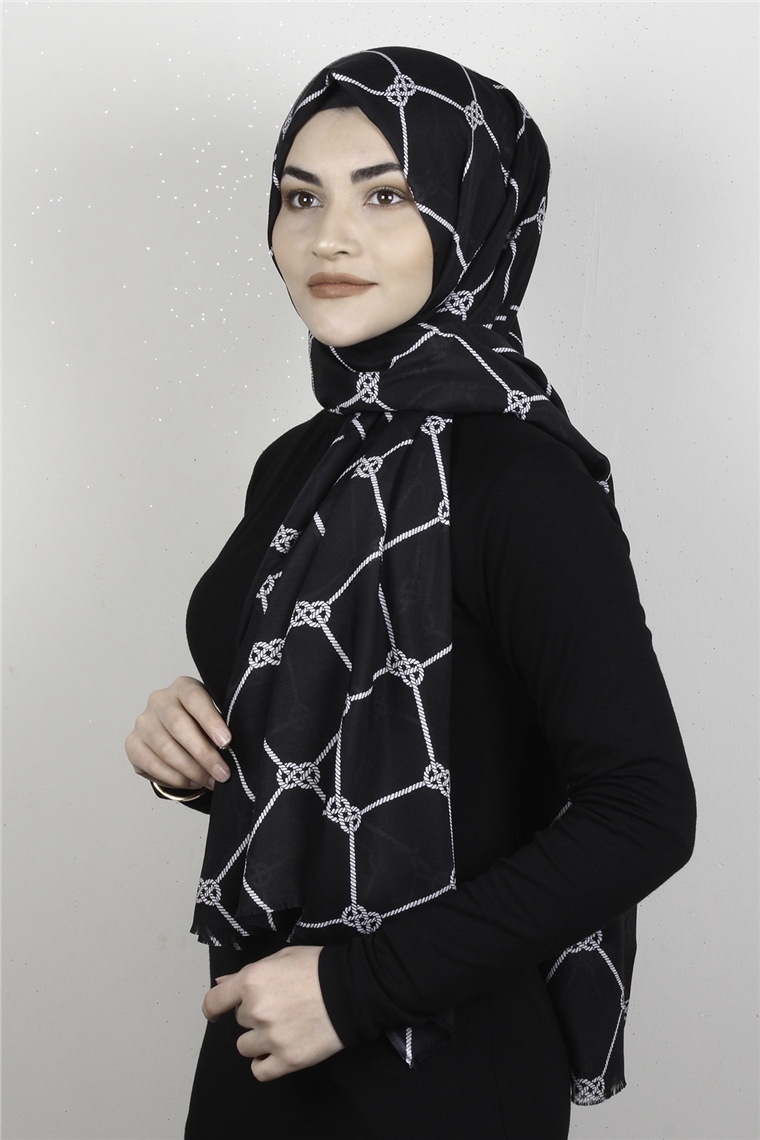 Pamuklu Desenli Şal 5753-7 Siyah-Beyaz