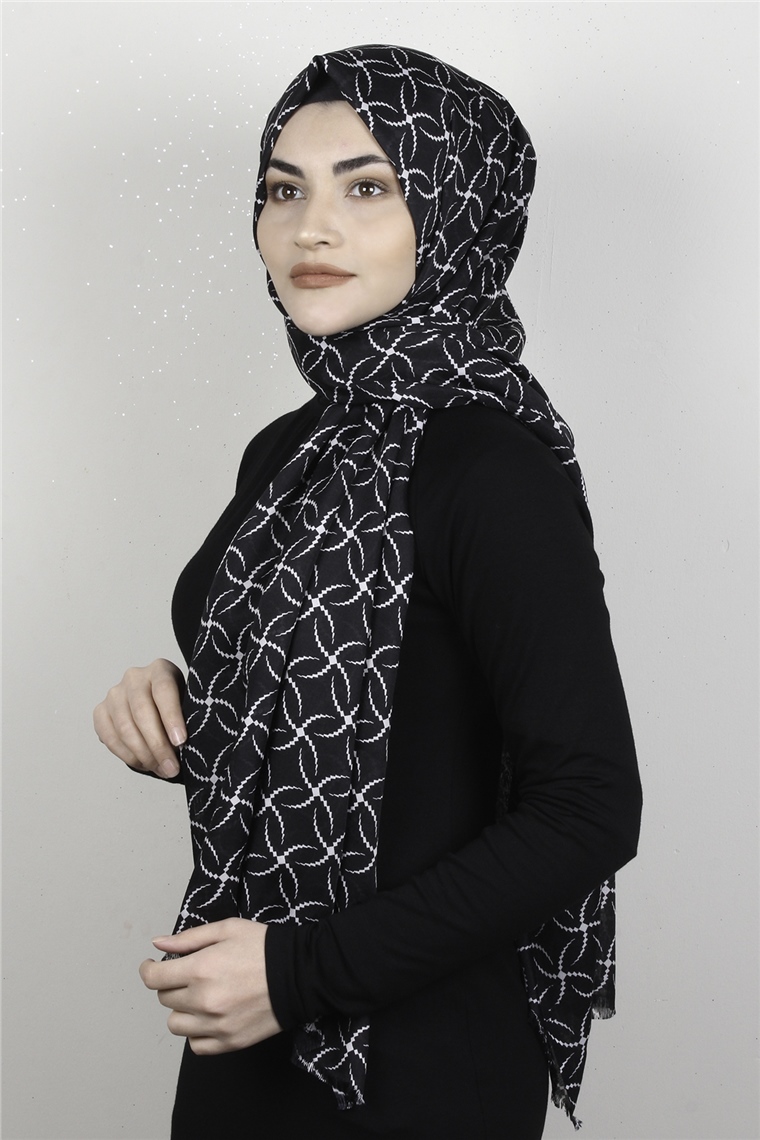 Pamuklu Desenli Şal 5753-8 Siyah-Beyaz